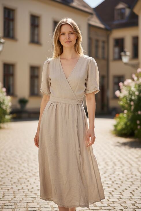 Oysho Dresses & Skirts - OYSHO Linen Wrap Dress Size S Midi Pockets Cream